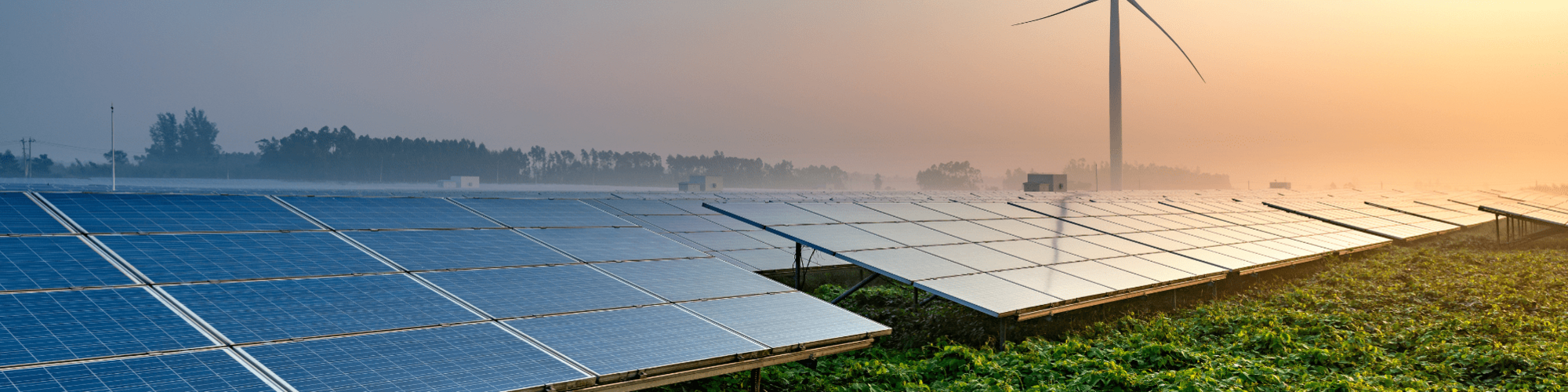 Image consisting of Solar Panels and Wind Turbines with a sunset in the background